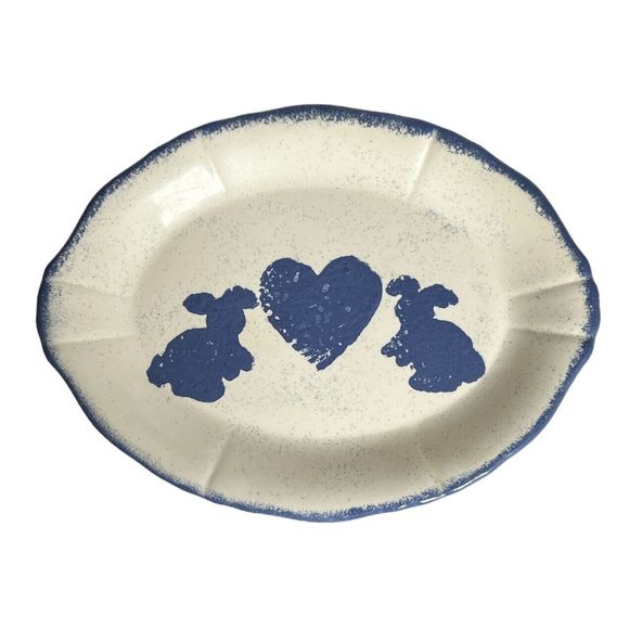 Large Handmade Bunny and Heart Blue & White Ceramic Platter - Picture 1 of 8